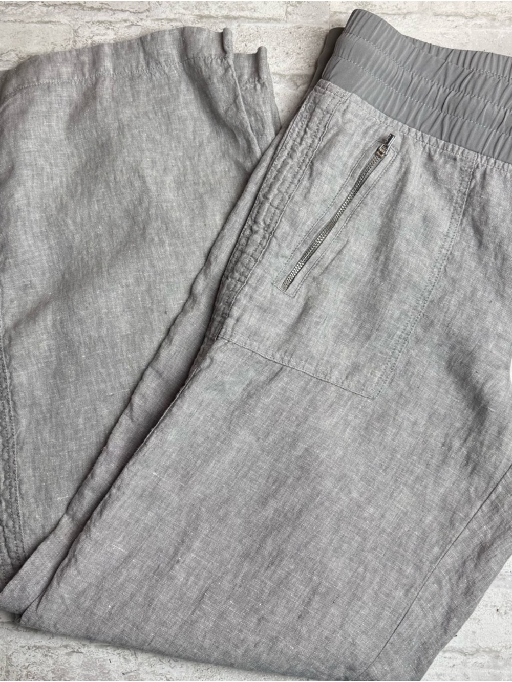Athleta Womens Grey Gray Linen Wide Leg Pants Coastal Beach Size 6 Zip Pockets 😍